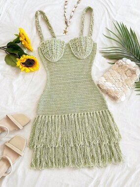 Sexy Women's Shell-Shaped Bustier Tassel Hem Spaghetti Strap Bodycon Mini Dress